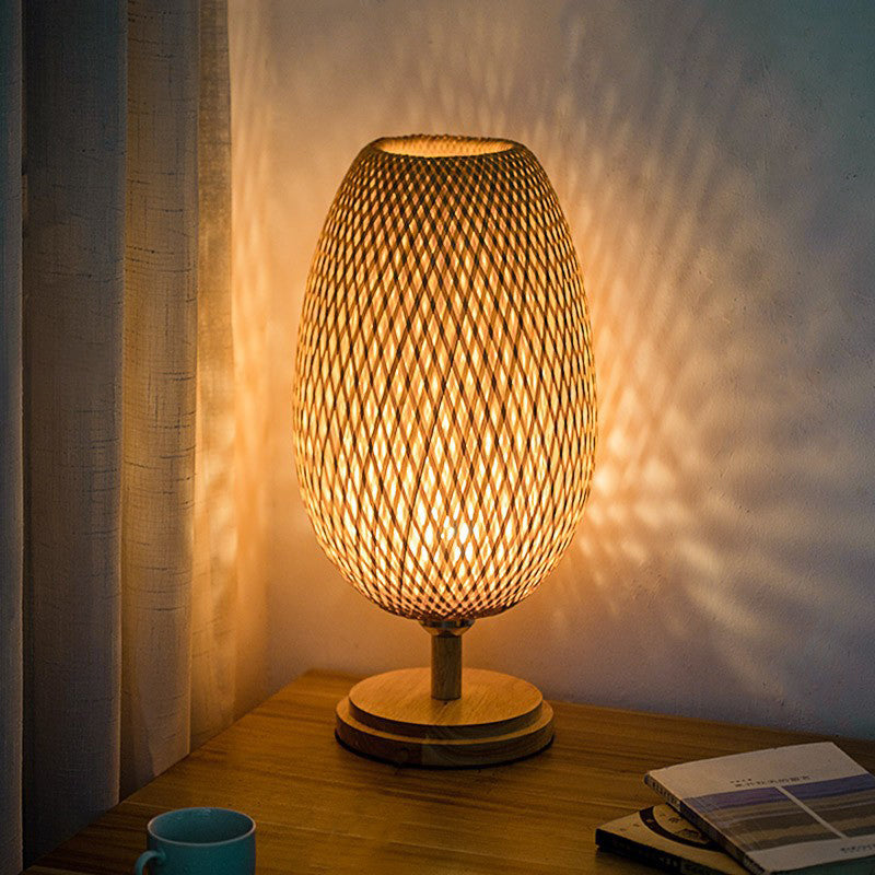 Chinese Wooden LED Table Lamp Retro Bamboo Weaving Table Lamp Lighting Bedroom Bedside Study