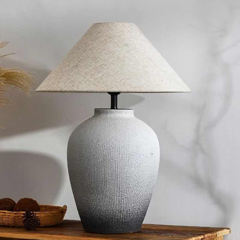 Wabi Sabi Ceramic Stripe Table Light Sand White Geometric Shape Table Lamp with Cone Fabric Shade for Bedroom