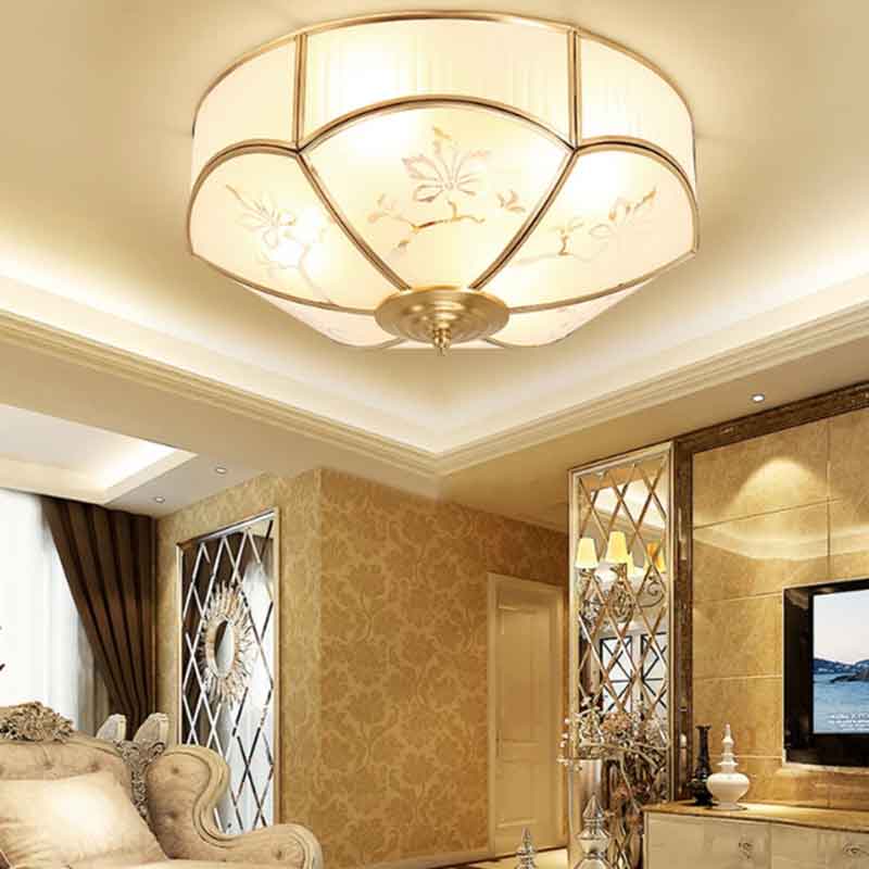 New Chinese Luxury Flower Glass LED Brass Ceiling Lamp with Remote Control Dimmable