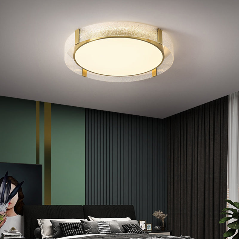 Light Luxury Dia.23" Round Textured Glass Brass LED Ceiling Lamp for Hallway Kitchen Bedroom