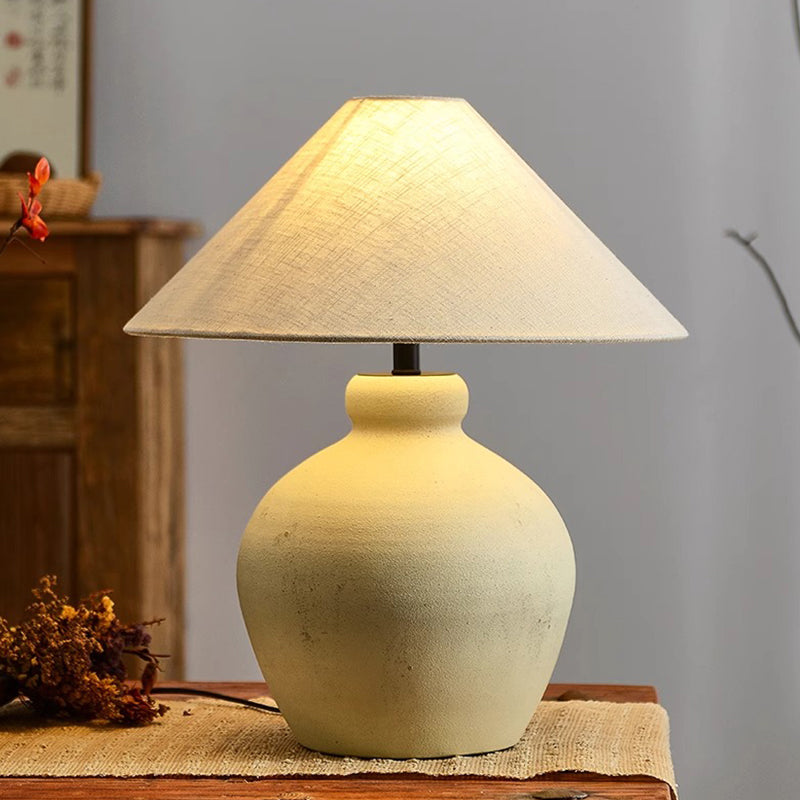 Wabi Sabi Ceramic Table Light Geometric Shape Table Lamp Cone Fabric Shade