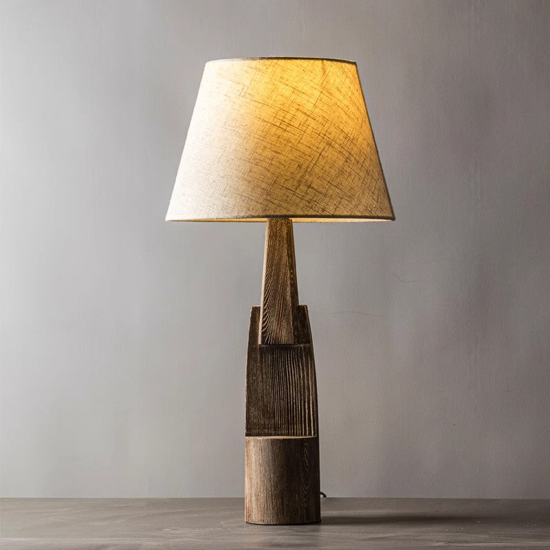 Contemporary Residential Use Timber Electrical Plug-in Bedside Lamp with Surrounding White Linen Shade, 24"