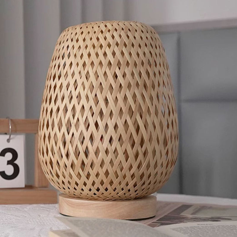 Handmade Natural Wooden Base Bamboo Weaving Table Lamp Eye Protection Bedroom Bedside Night Light