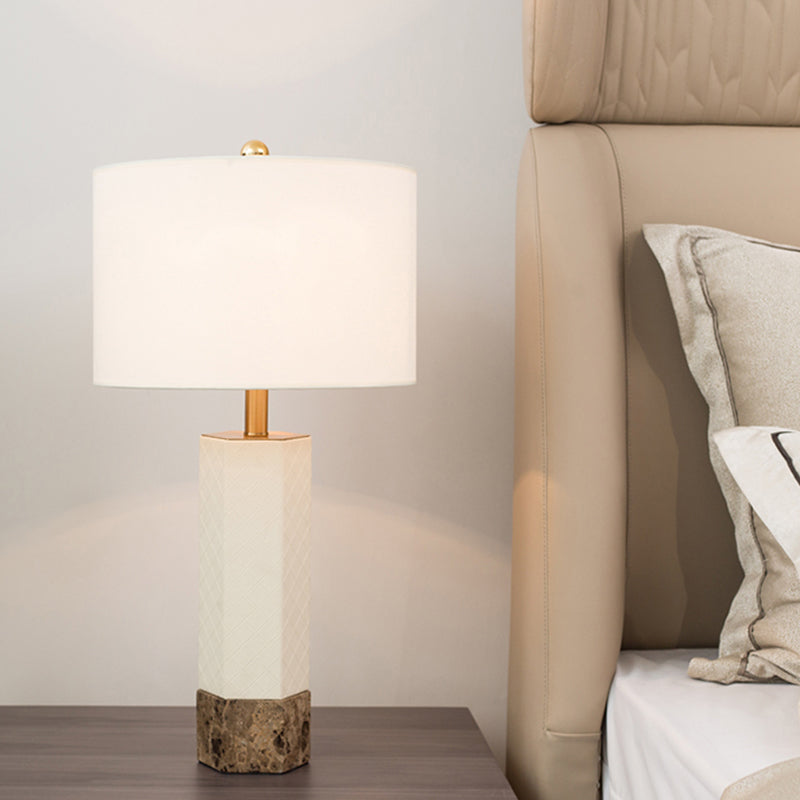 Traditional Column White Marble Lamp With Fabric Lampshade