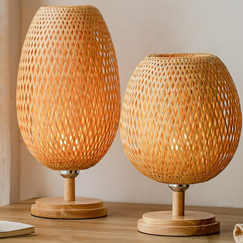 Chinese Wooden LED Table Lamp Retro Bamboo Weaving Table Lamp Lighting Bedroom Bedside Study