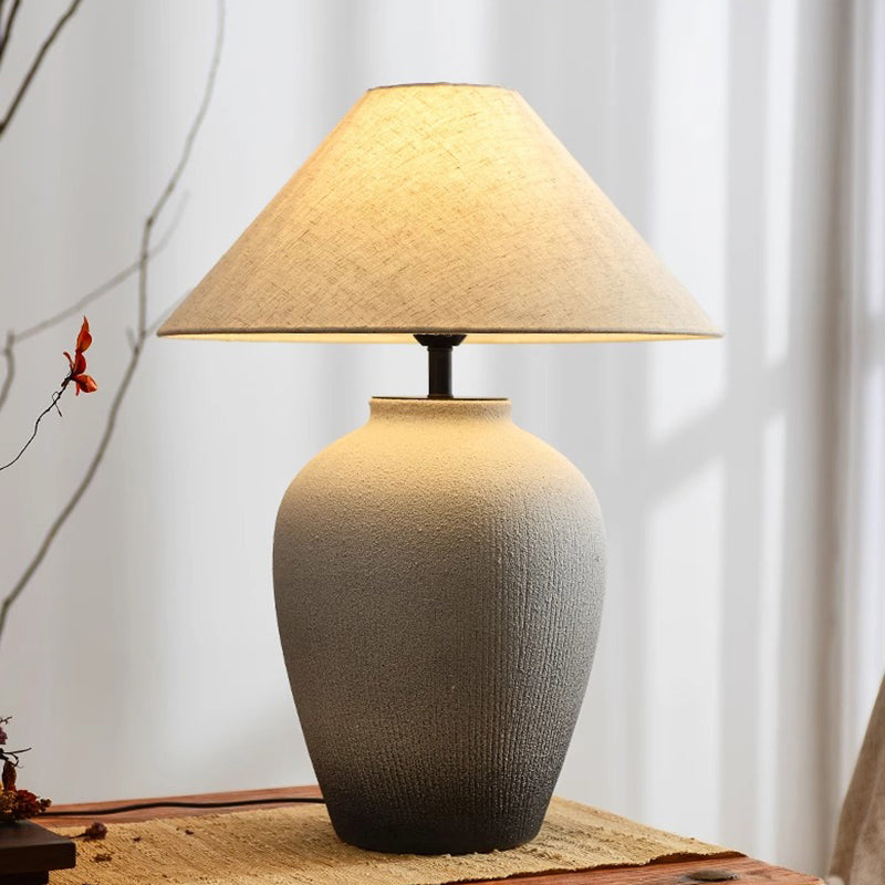 Wabi Sabi Ceramic Stripe Table Light Sand White Geometric Shape Table Lamp with Cone Fabric Shade for Bedroom