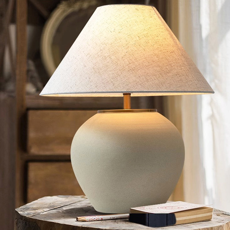 Light Grey Ceramic Cement Pot Table Lamp for Bedroom Living Room Console End Table