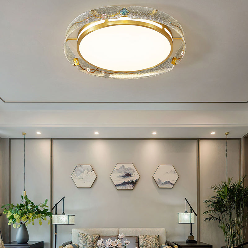 Traditional Enamel Glass Brass Ceiling Light Round Dimmable Flush Mount LED Ceiling Lamp