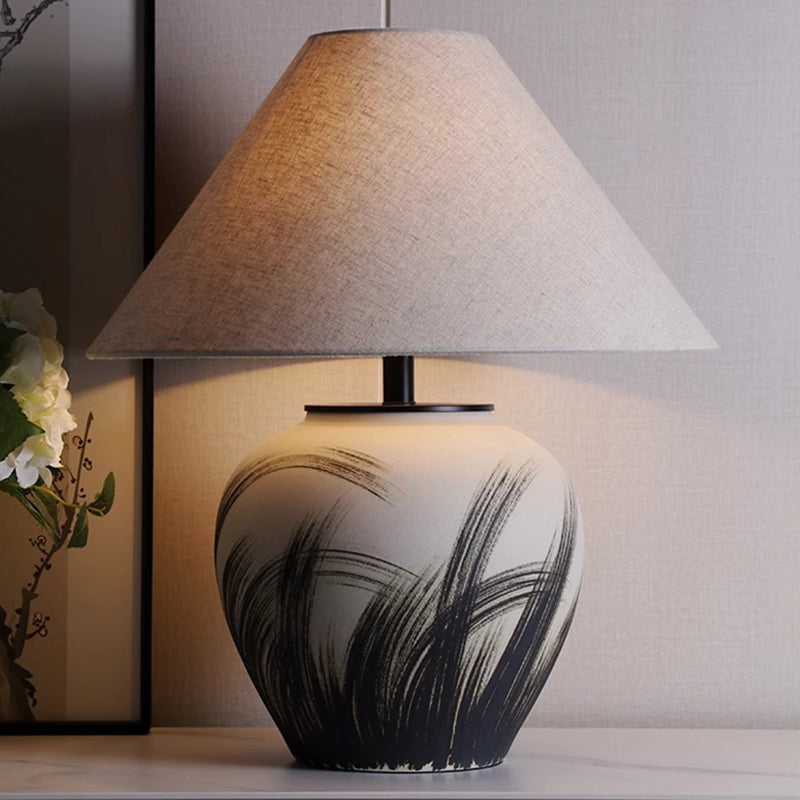 Wabi Sabi Ceramic Table Lamp Hand Painting Liene Fabric Desk Light for Living Room Bedroom