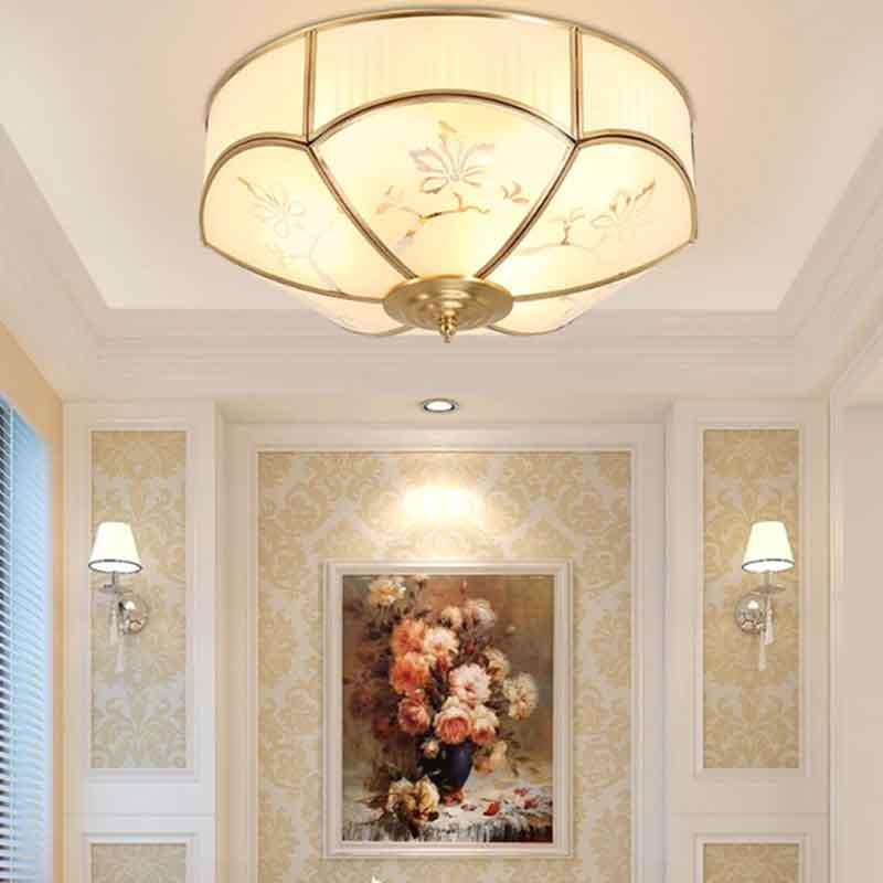 New Chinese Luxury Flower Glass LED Brass Ceiling Lamp with Remote Control Dimmable