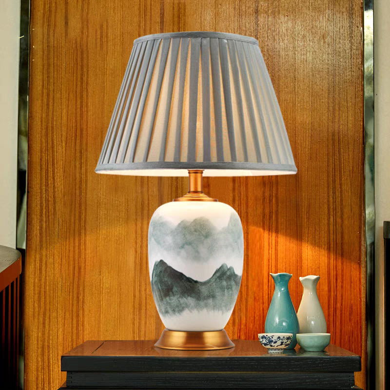 Blue and White Porcelain Ceramic Bedside Table Lamp with Fabric Shade E27 LED Light Bulb Included