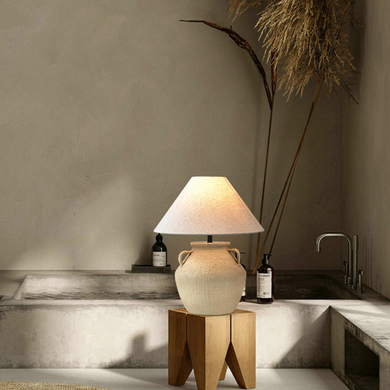 Wabi Sabi Beige Ceramic Table Lamp Handmade Retro Light Luxury New Chinese Light Suitable For Bedroom