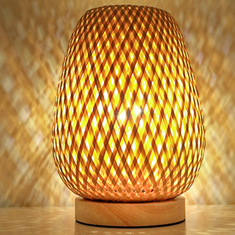Handmade Natural Wooden Base Bamboo Weaving Table Lamp Eye Protection Bedroom Bedside Night Light