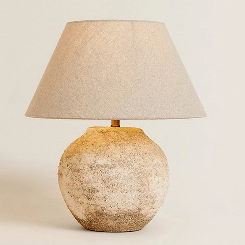 Wabi Sabi Style Ceramic Table Light Coarse Geometric Shape Table Lamp with Cone Fabric Shade for Bedroom