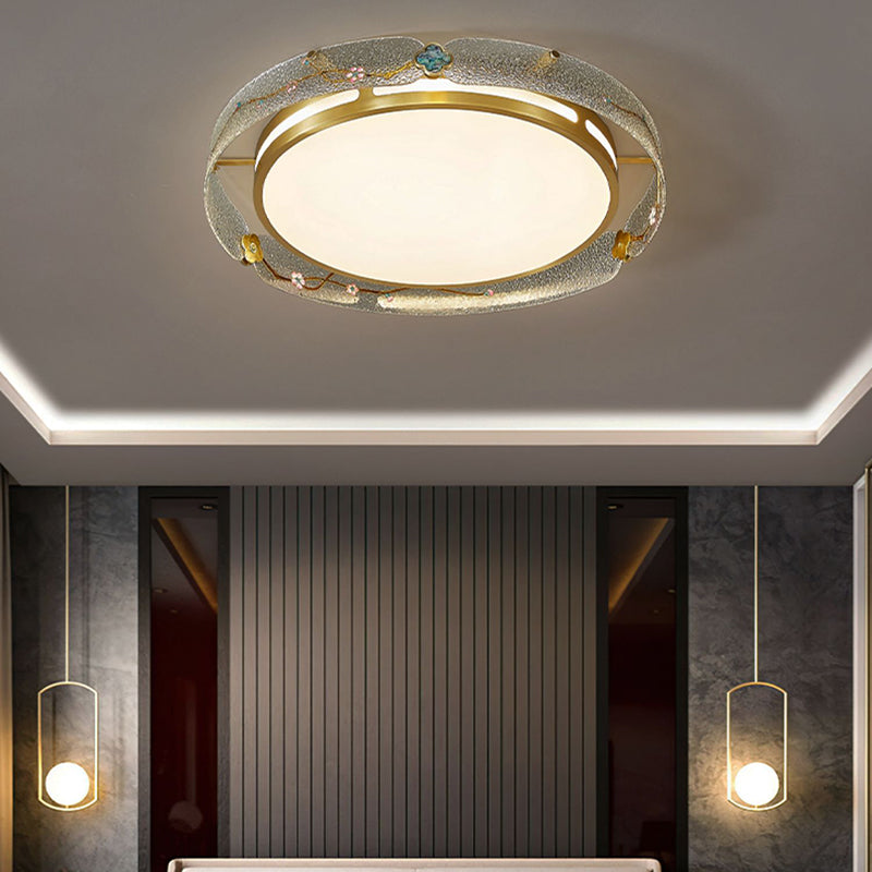 Traditional Enamel Glass Brass Ceiling Light Round Dimmable Flush Mount LED Ceiling Lamp