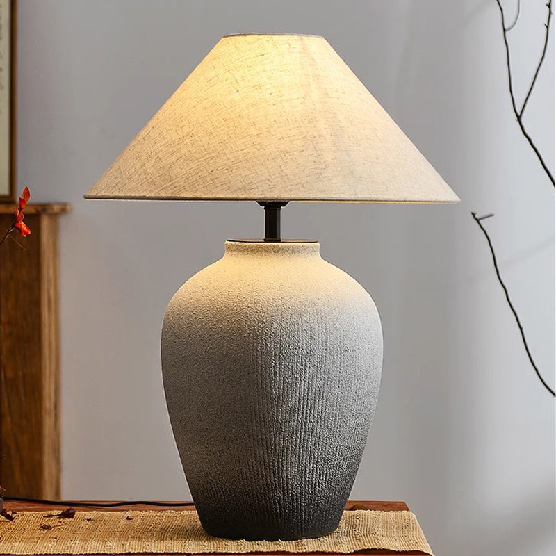 Wabi Sabi Ceramic Stripe Table Light Sand White Geometric Shape Table Lamp with Cone Fabric Shade for Bedroom