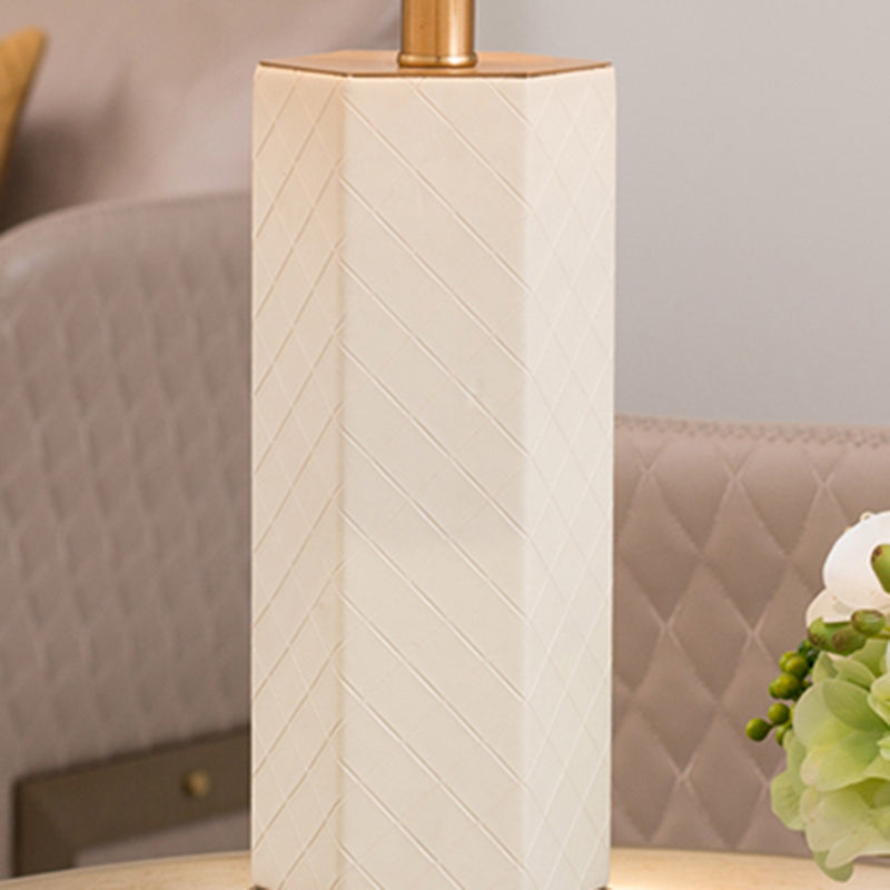 Traditional Column White Marble Lamp With Fabric Lampshade