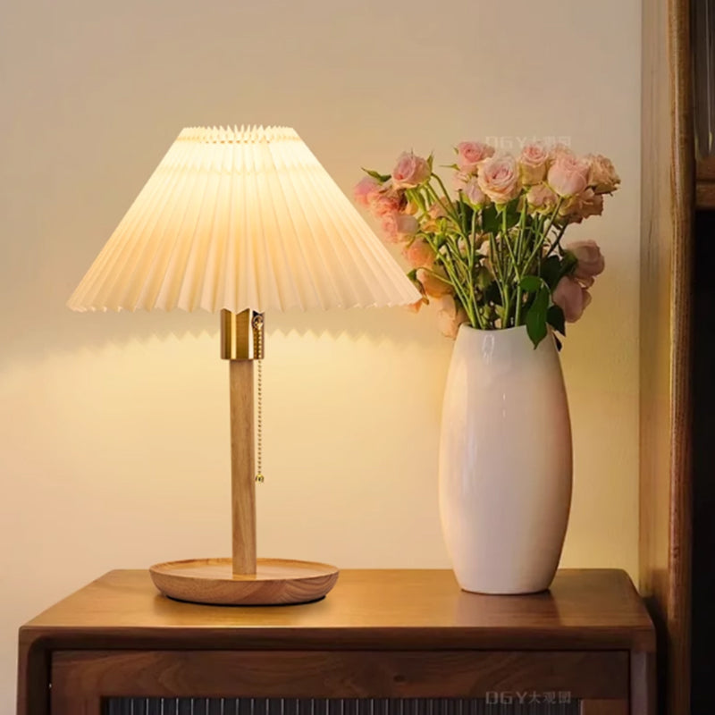 Contemporary Residential Use Timber Electrical Plug-in Bedside Lamp with Surrounding TC Fabric Shade, 17.5"