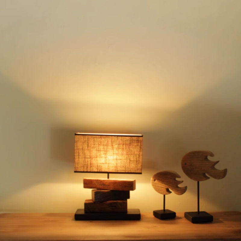17" Receptacle-powered Down Wood Bedside Table Lamp for Residential Use with Textile Shade in a Simplistic Style