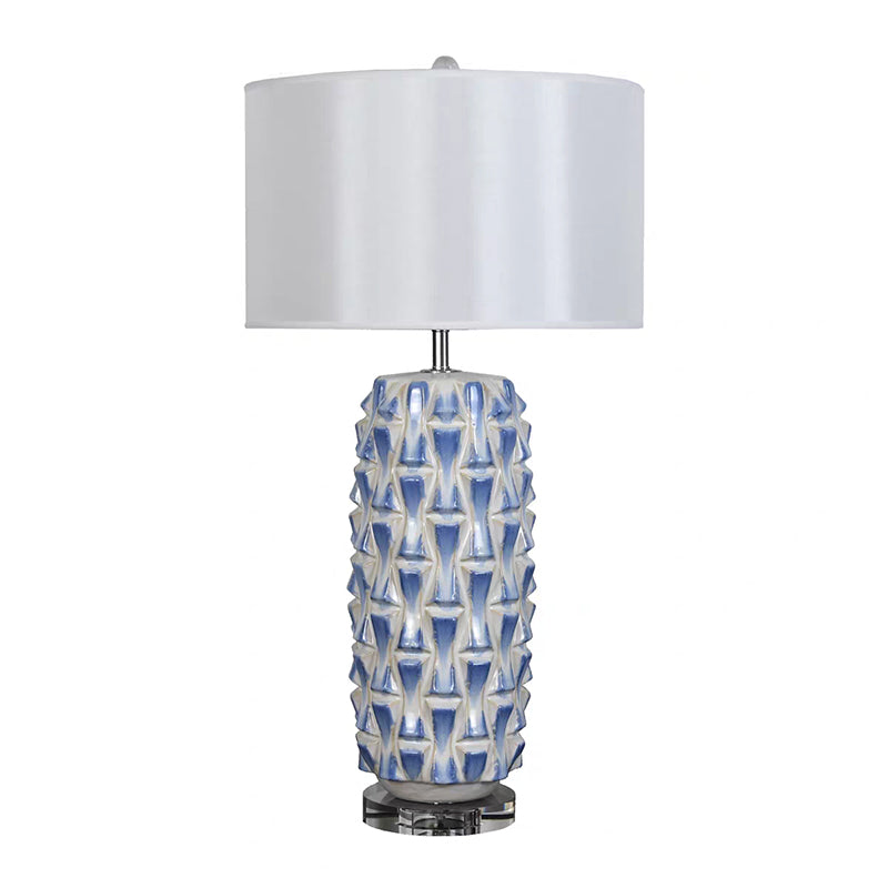 Geometric White Ceramic Table Lamp with Button Switch and Fabric Lamp Shade Warm white LED Bulb